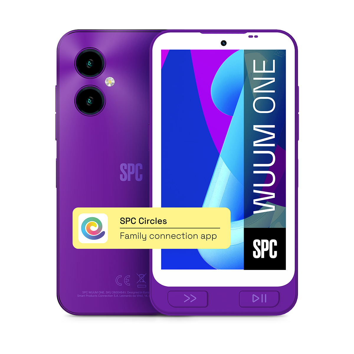 Smartphone morado con dos cámaras e info de app en pantalla.
