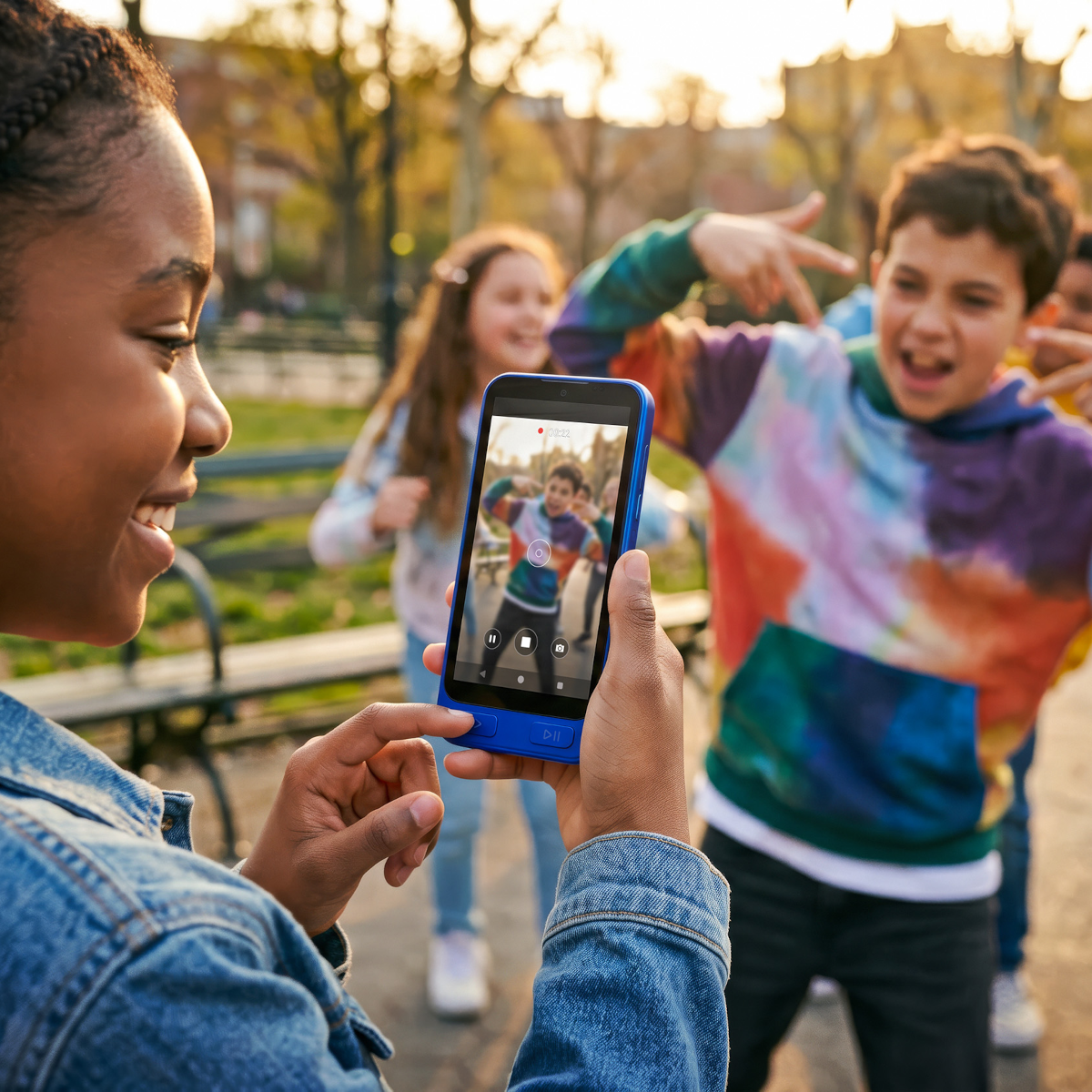 Una niña graba a niños bailando en un parque con un smartphone. Brilla el sol.