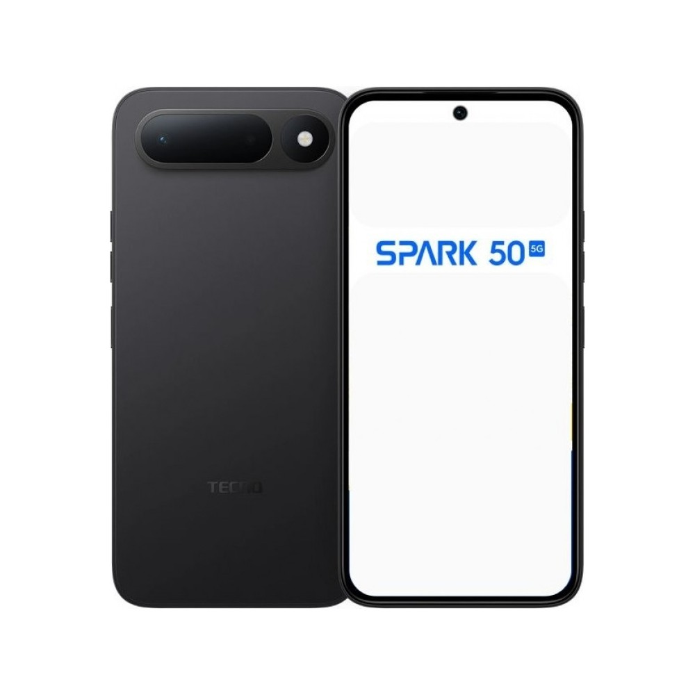 Arkada iki kamerası olan siyah akıllı telefon ve ekranda SPARK 50 yazısı.