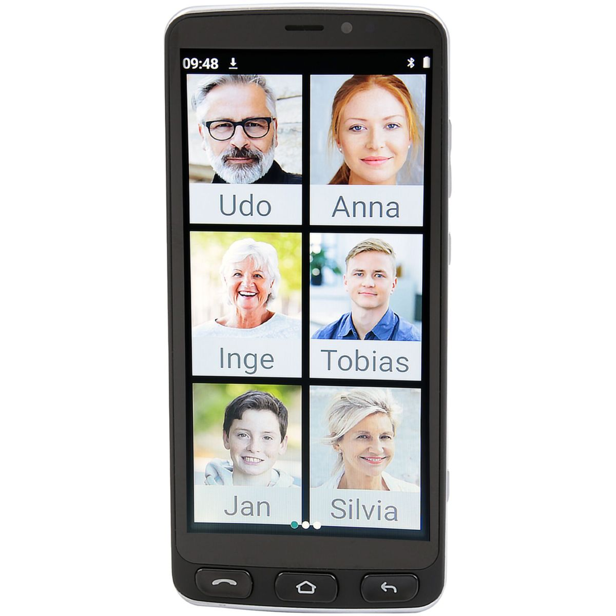 Schermo smartphone con sei ritratti di persone, nomi sotto.