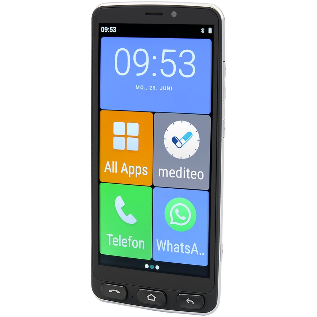 Uno smartphone con grandi riquadri mostra 09:53 sullo schermo principale.