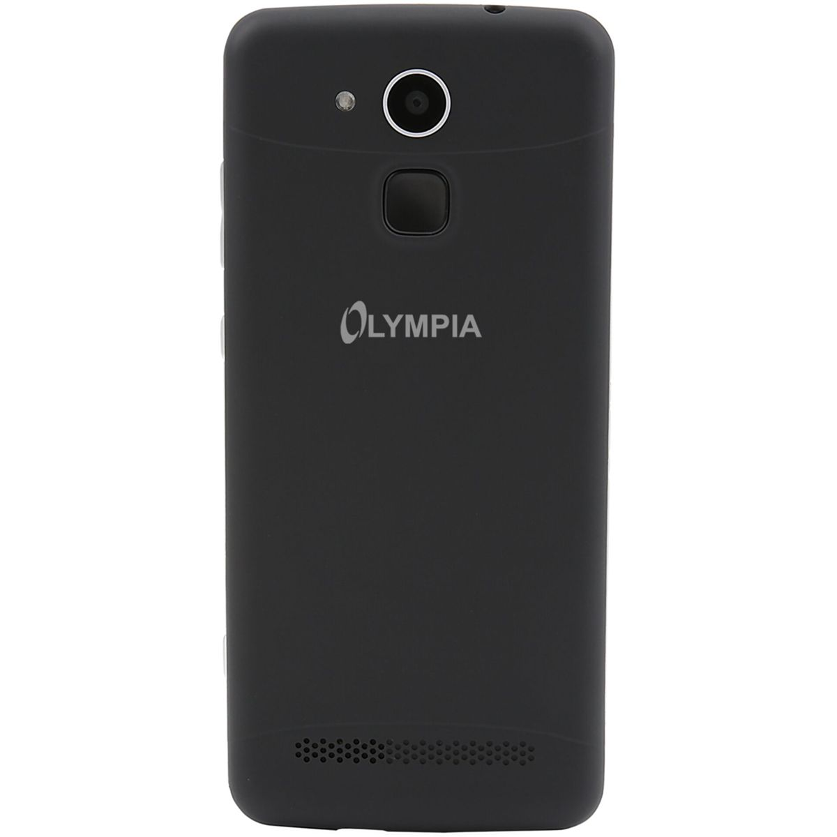 Retro di uno smartphone nero Olympia con fotocamera e griglia dell'altoparlante.