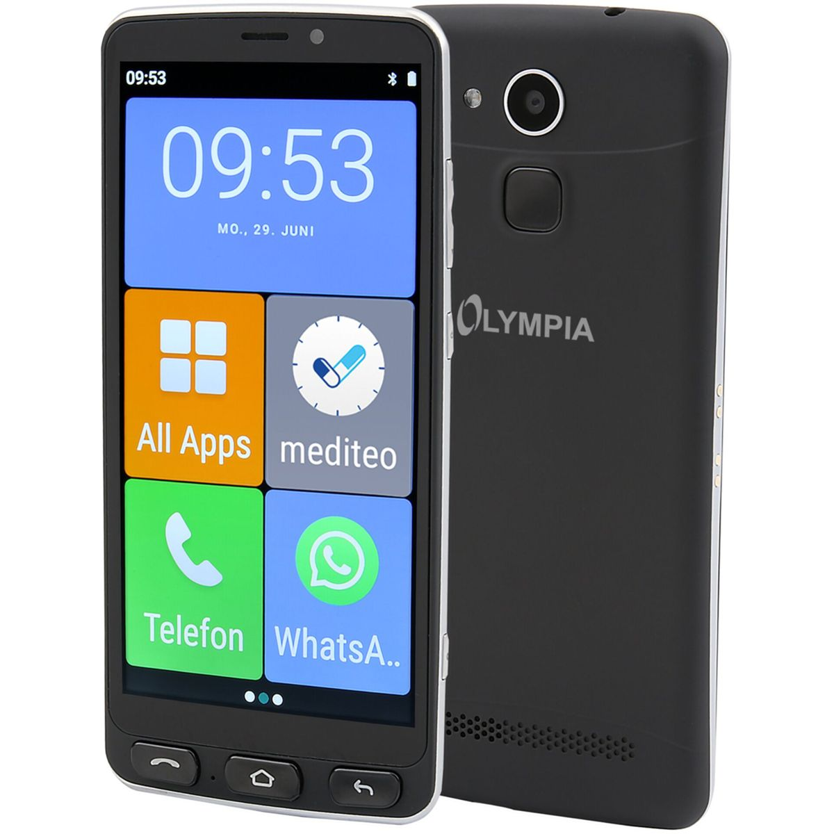 Uno smartphone nero con ampio display che mostra "All Apps", "mediteo".