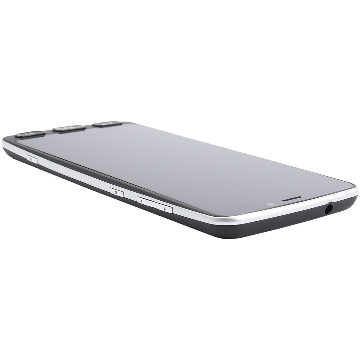Uno smartphone nero con cornice argentata giace su sfondo bianco.