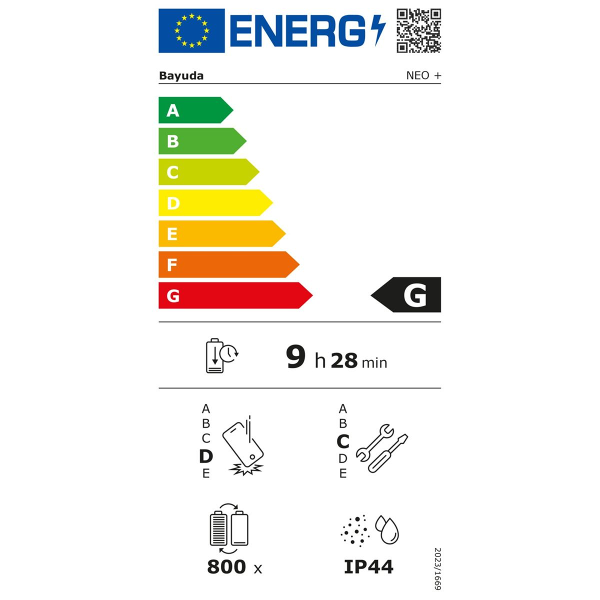 Energielabel mit Effizienzklassen A-G, Laufzeit 9h 28min, IP44.