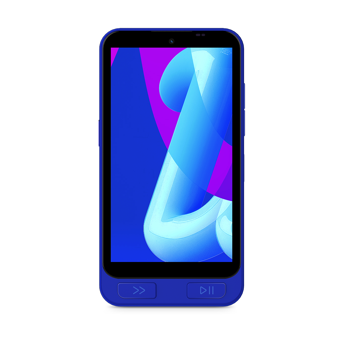 Un teléfono inteligente azul con un fondo de pantalla abstracto y colorido.