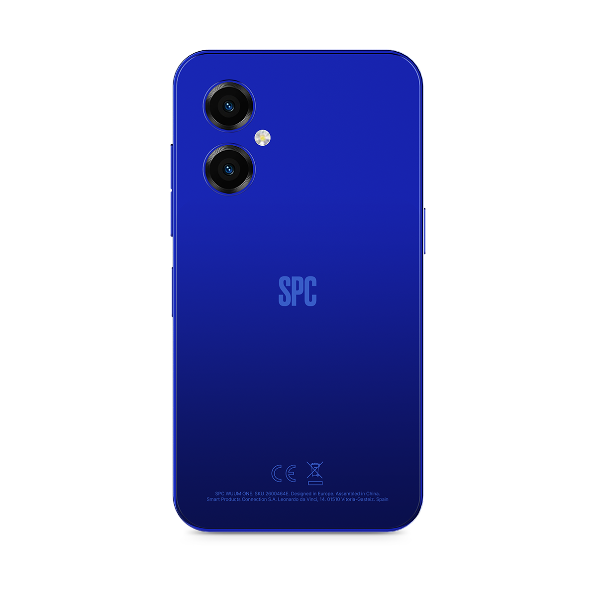Un smartphone azul con dos cámaras y el logo de SPC en la parte trasera.