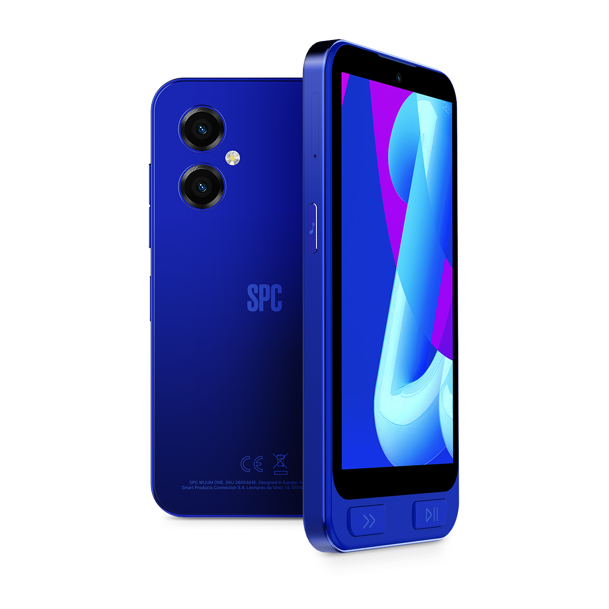 Dos teléfonos inteligentes azules, uno de espaldas con cámaras, uno de frente.