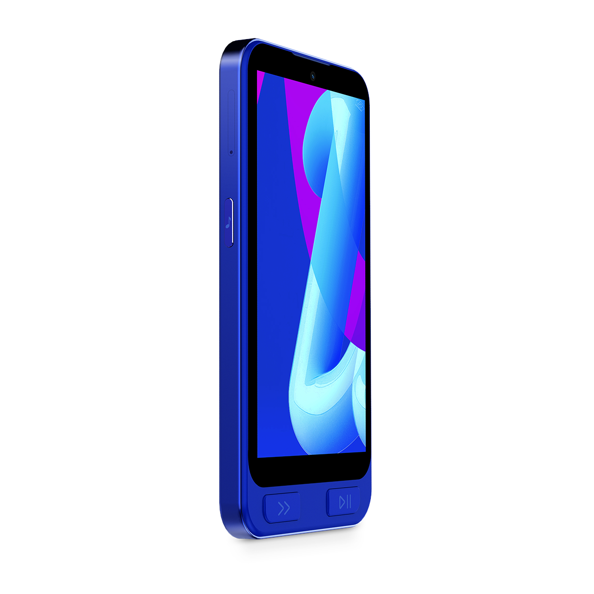 Un reproductor móvil azul con pantalla colorida y botones.