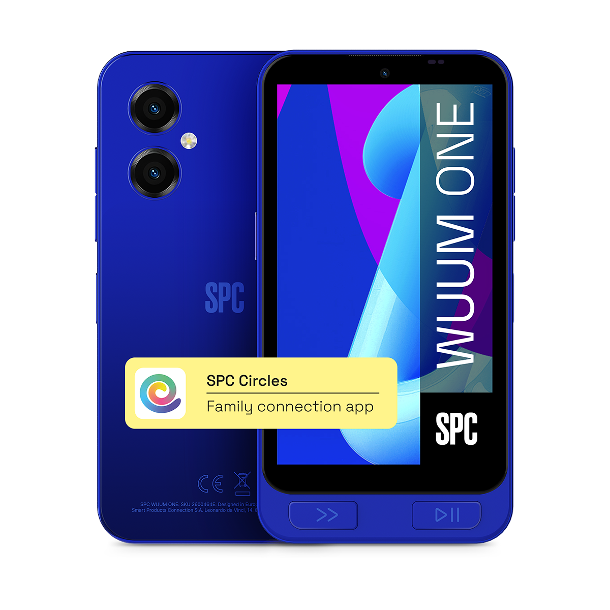 Dos teléfonos inteligentes azules con pantallas mostrando una app.