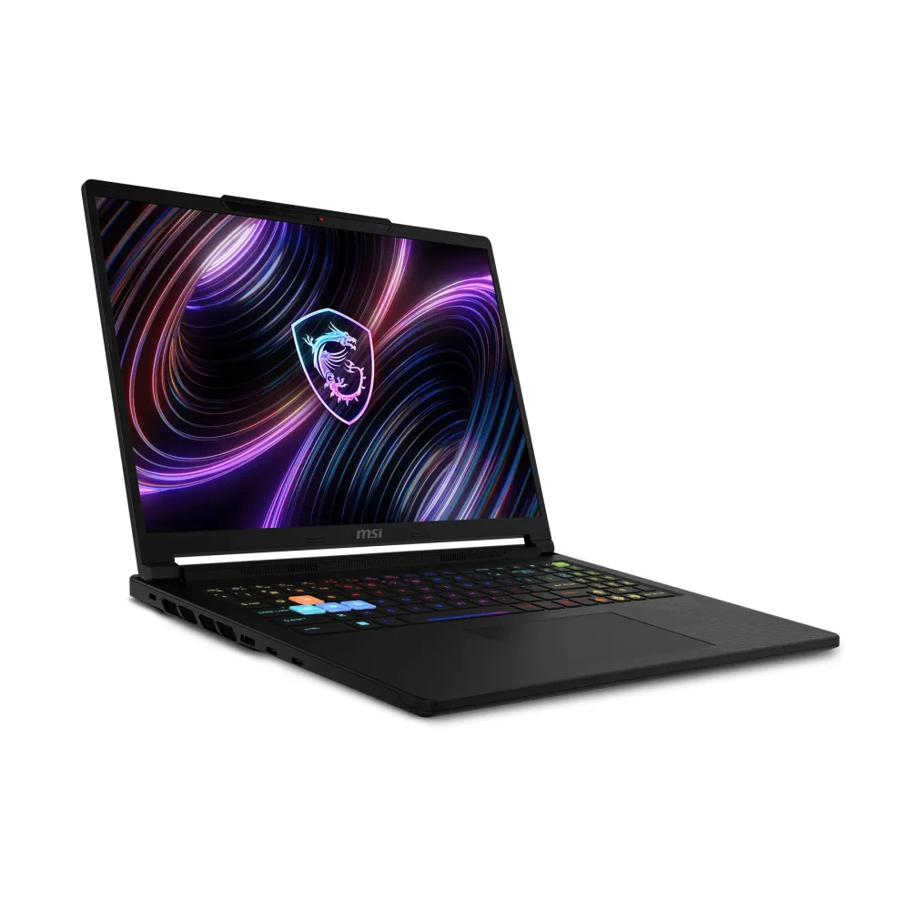 Ekranında parlak MSI ejderha logosu ve renkli klavyesi olan siyah MSI dizüstü bilgisayar.