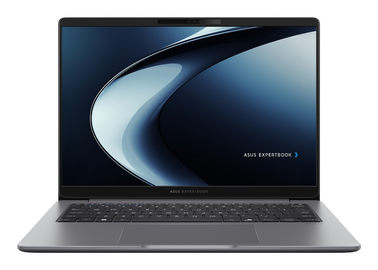 Un laptop ASUS ExpertBook argento aperto con uno sfondo astratto blu.