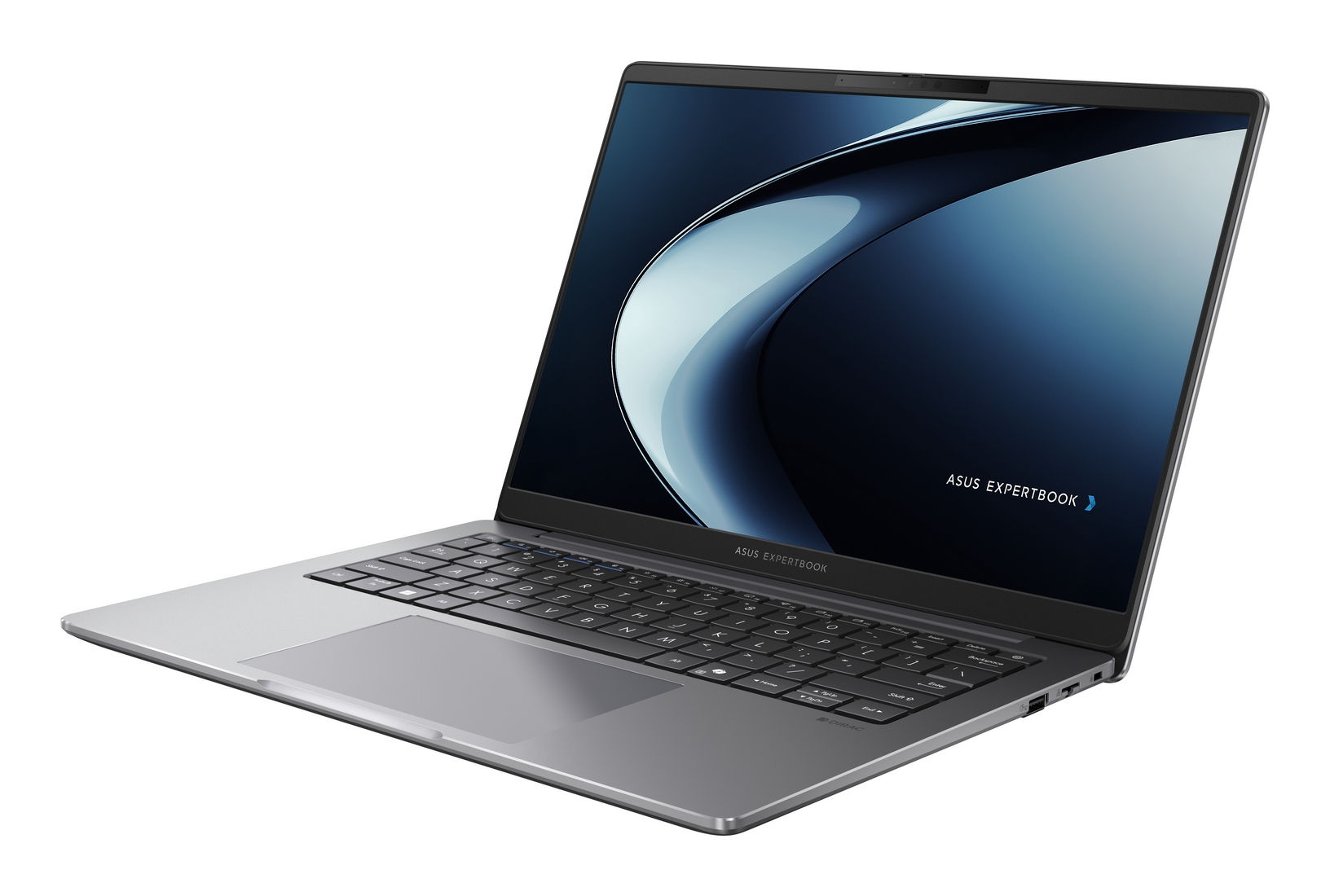 Un laptop ASUS Expertbook argentato è aperto, mostrando uno schermo scuro con un design astratto blu.