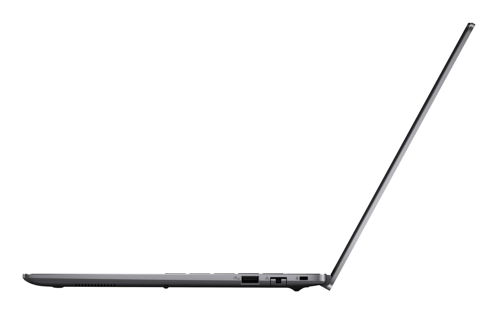 Laptop grigio di profilo, schermo aperto, sfondo bianco.