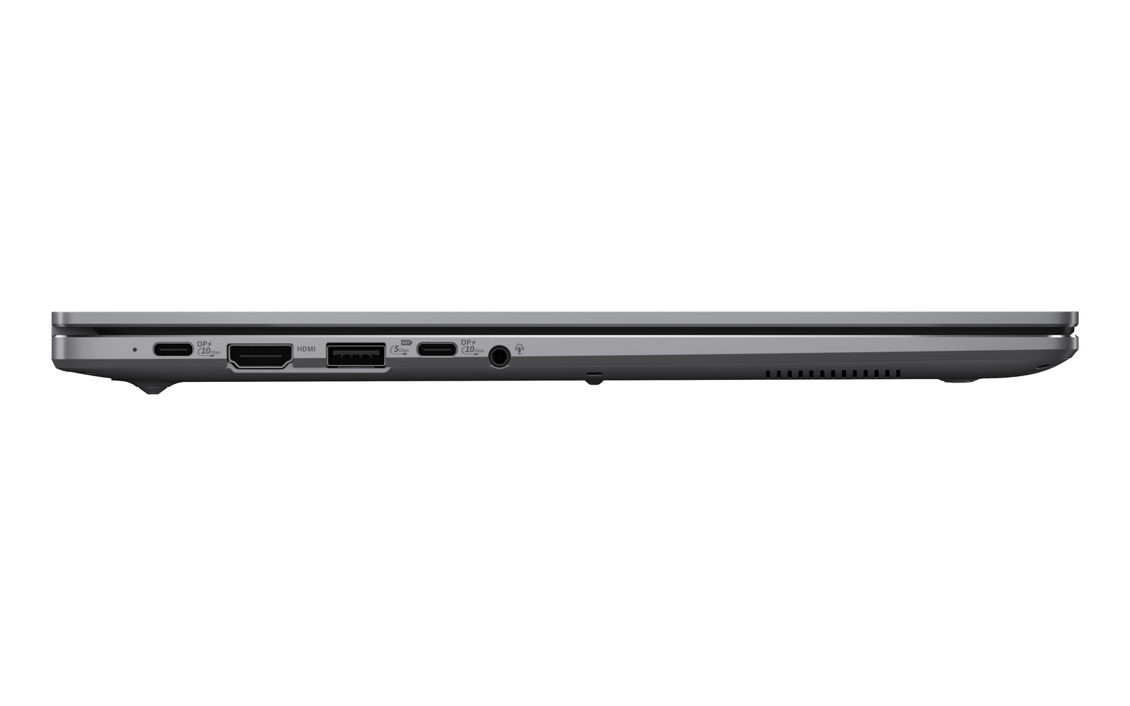 Laptop grigio, vista laterale sinistra con porte USB-C, HDMI e audio.