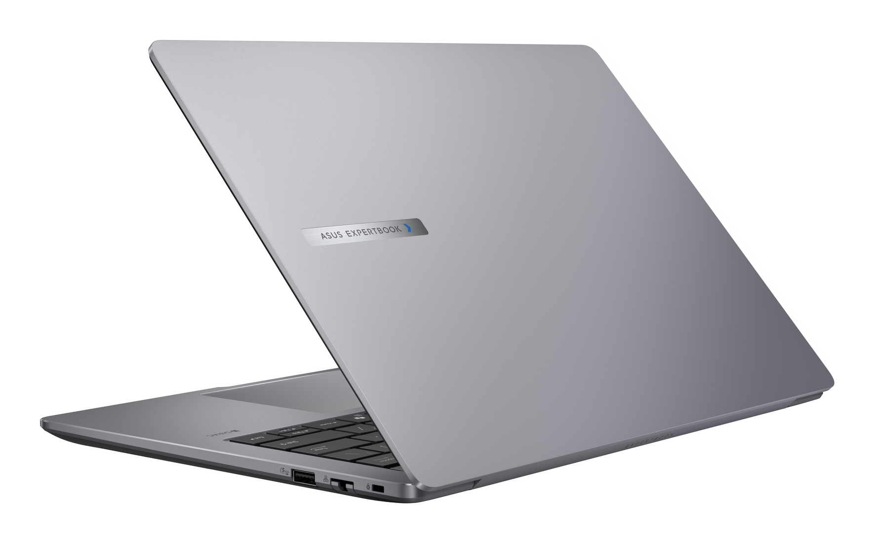 Un laptop Asus ExpertBook argentato, semiaperto, tastiera visibile.