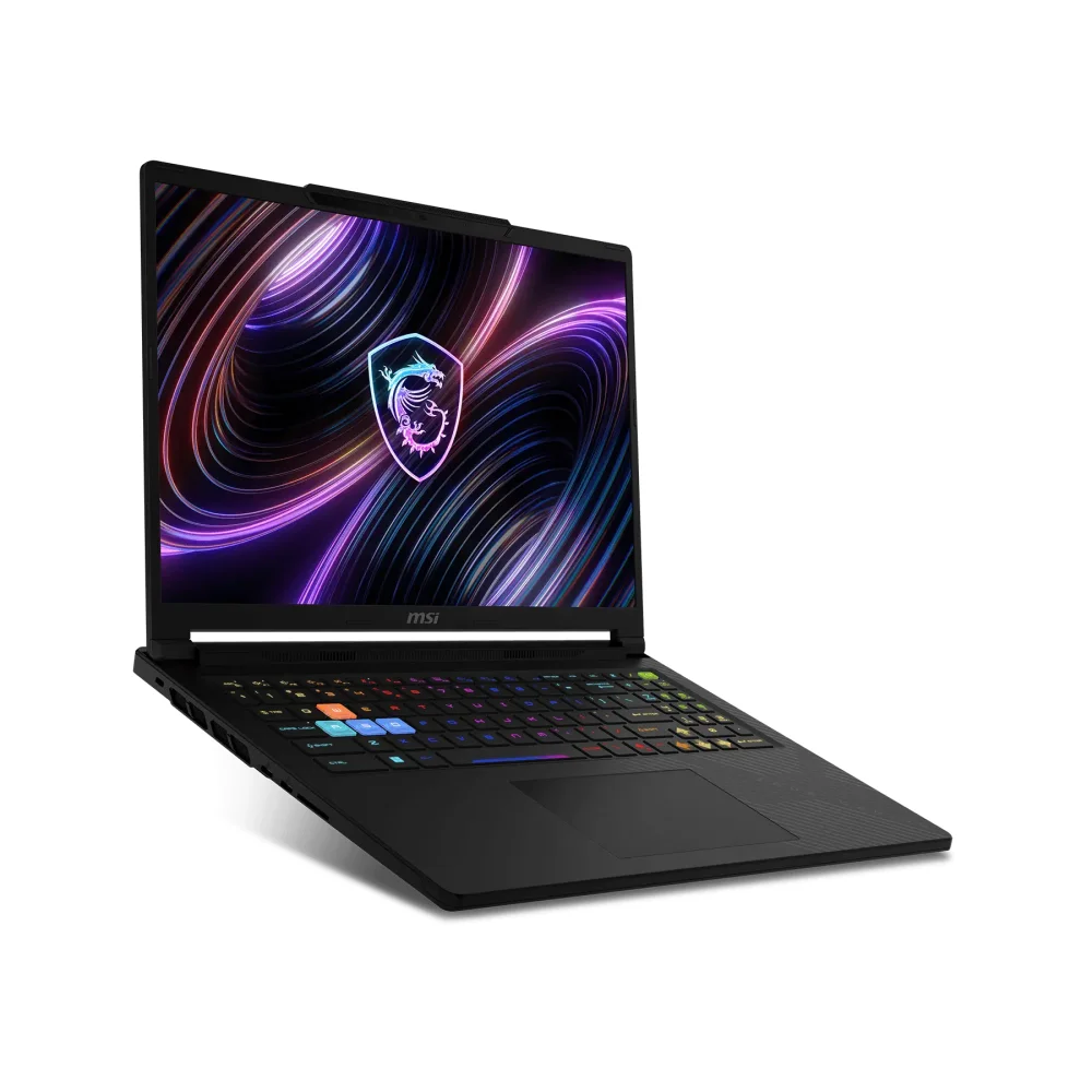 Ekranında parlak MSI ejderha logosu grafiği ve renkli klavyesi olan siyah dizüstü bilgisayar.