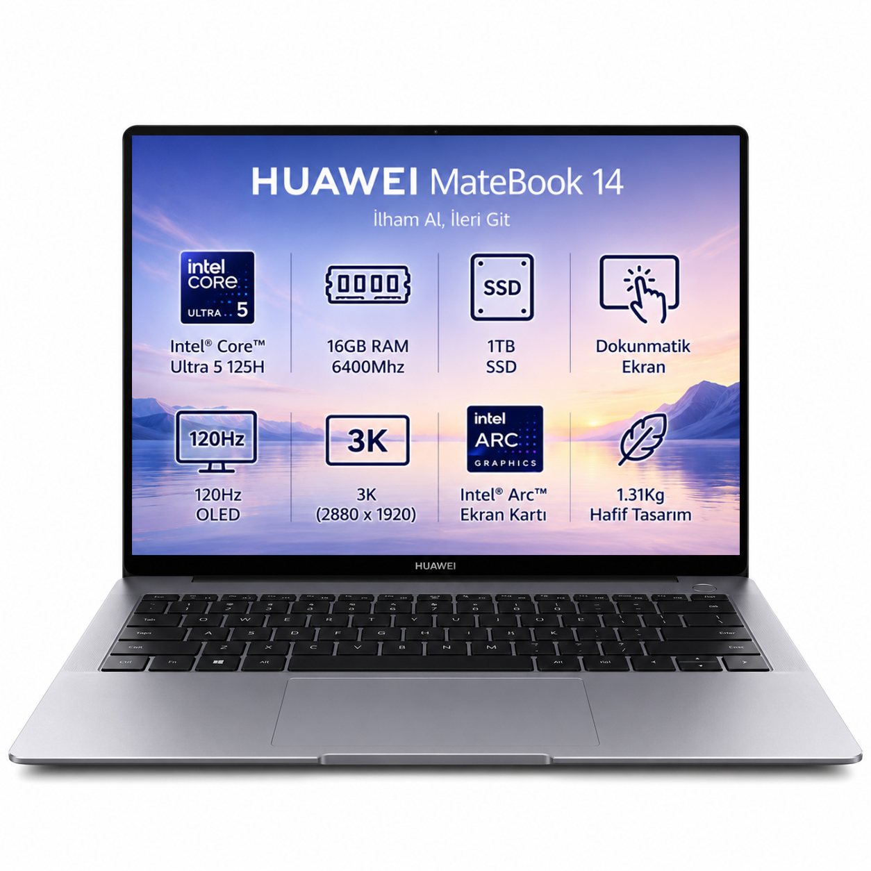 Huawei MateBook 14 dizüstü bilgisayar, Intel Core Ultra 5, 16GB RAM, 1TB SSD.
