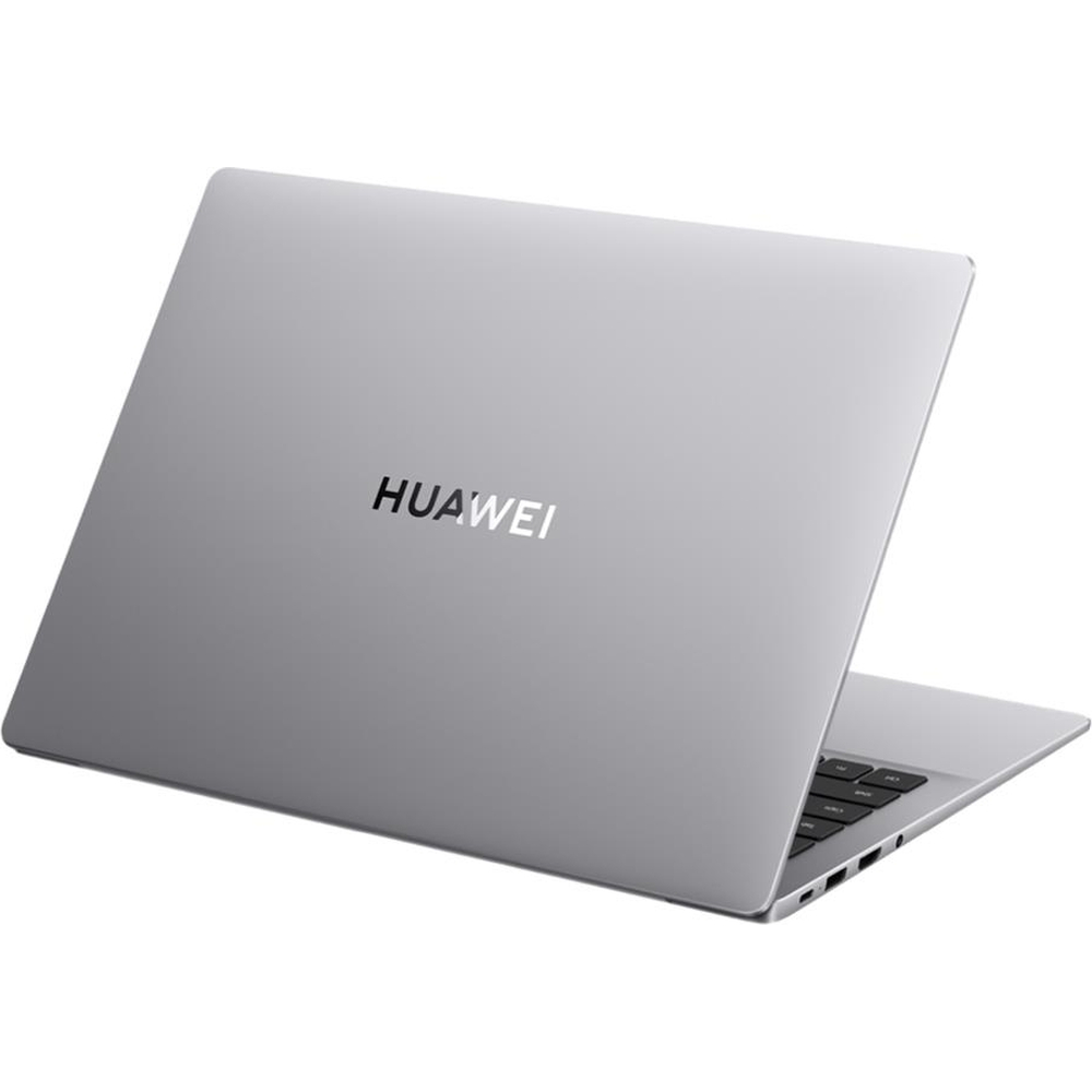 Gümüş renkli Huawei dizüstü bilgisayar, klavyesi ve bağlantı noktaları beyaz zeminde gösteriliyor.
