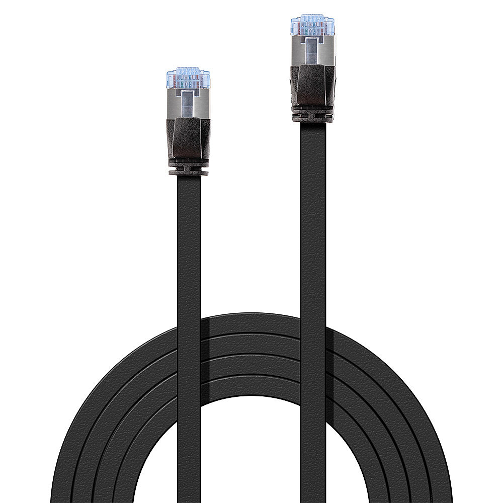 Dos cables planos negros con conectores plateados, enrollados.
