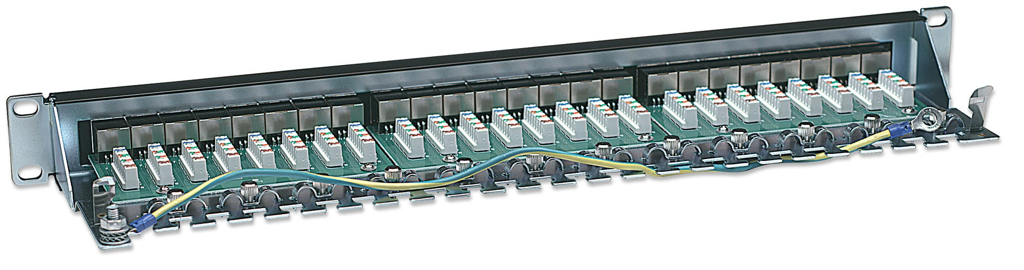 Patch panel da rack con 24 porte RJ45, PCB verde e cavi blu/gialli.
