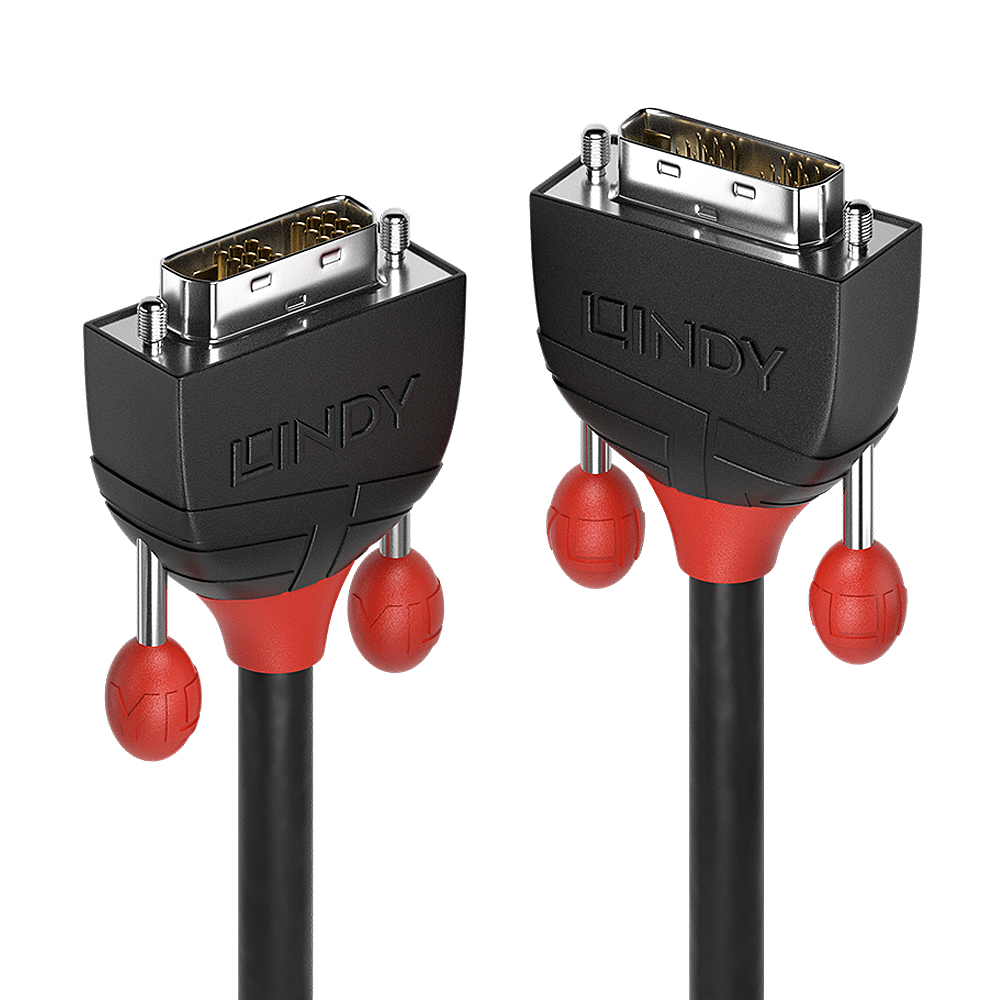Due cavi Lindy neri con impugnature a sfera rosse e connettori DVI dorati.