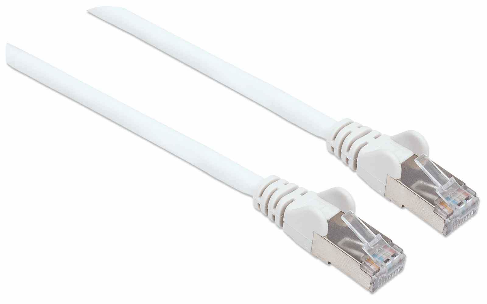 Twee witte Ethernetkabels met zilveren connectoren op witte achtergrond.