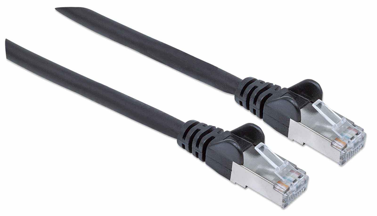 Due cavi di rete neri con connettori RJ45 su sfondo bianco.