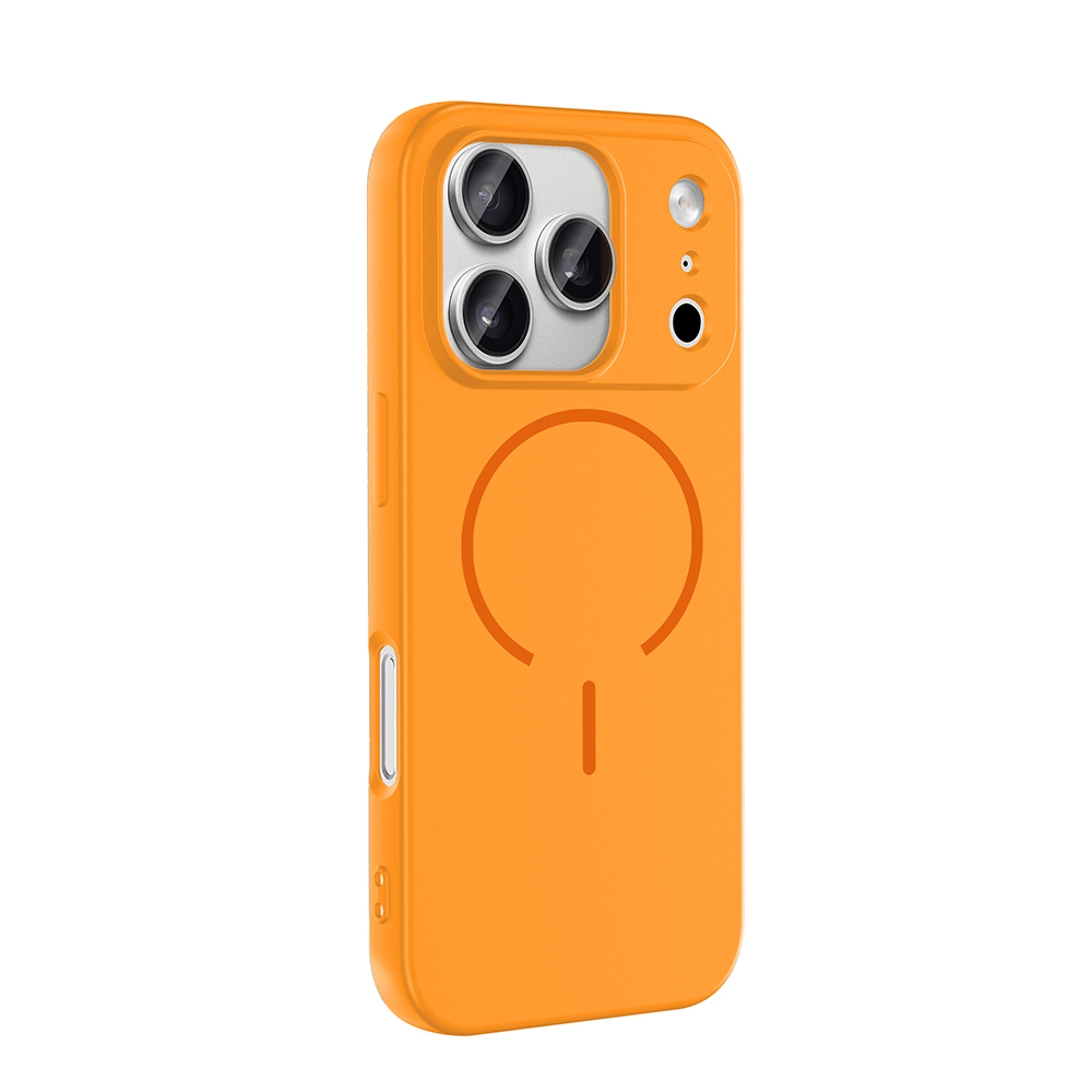 Üç kamera lensli ve manyetik halkalı turuncu telefon kılıfı.