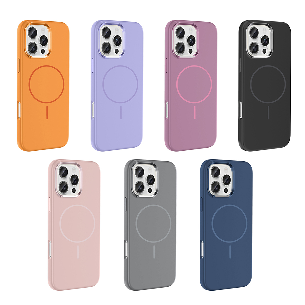 Farklı renklerde yedi iPhone kılıfı: turuncu, mor, pembe, siyah, açık pembe, gri, mavi.