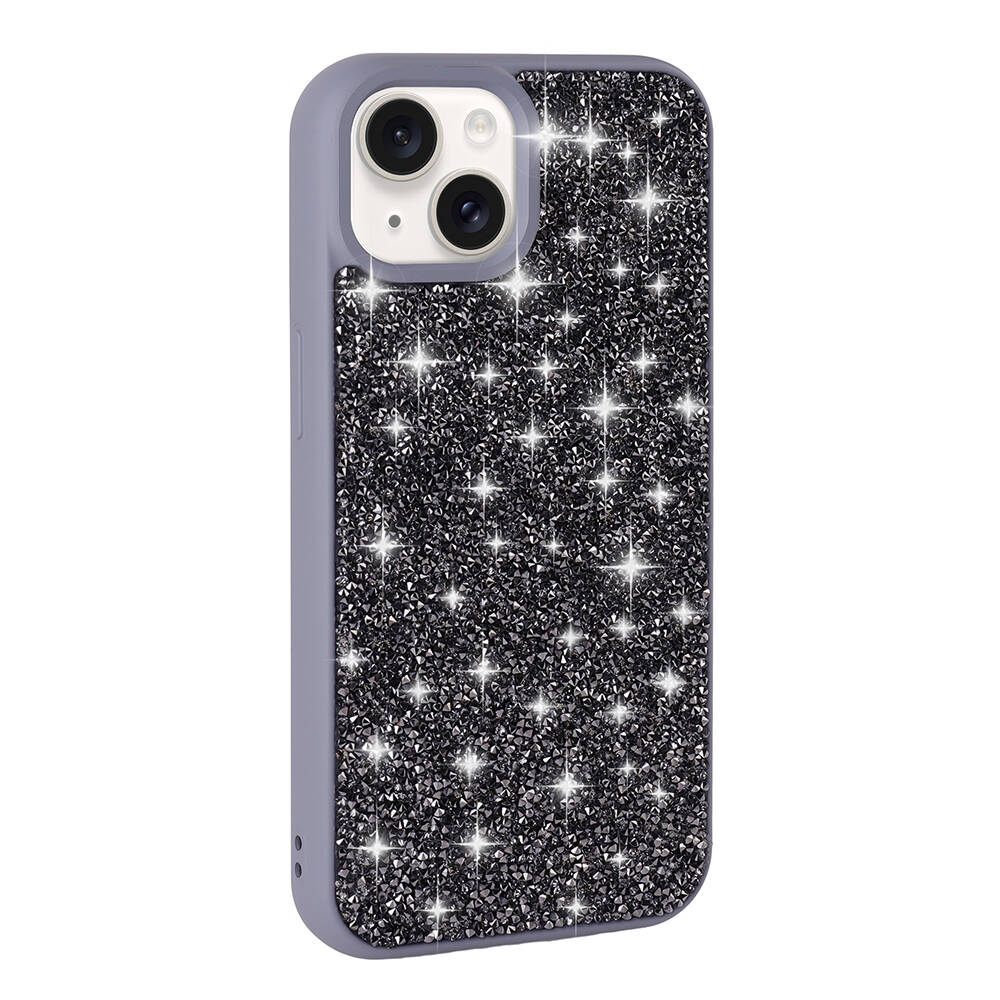 Parlak siyah kristaller ve iki kamera lensi olan gri iPhone kılıfı.