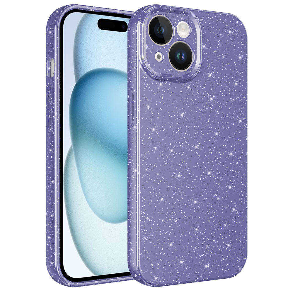 Simli kaplamalı ve kamera kesimli mor iPhone kılıfı.