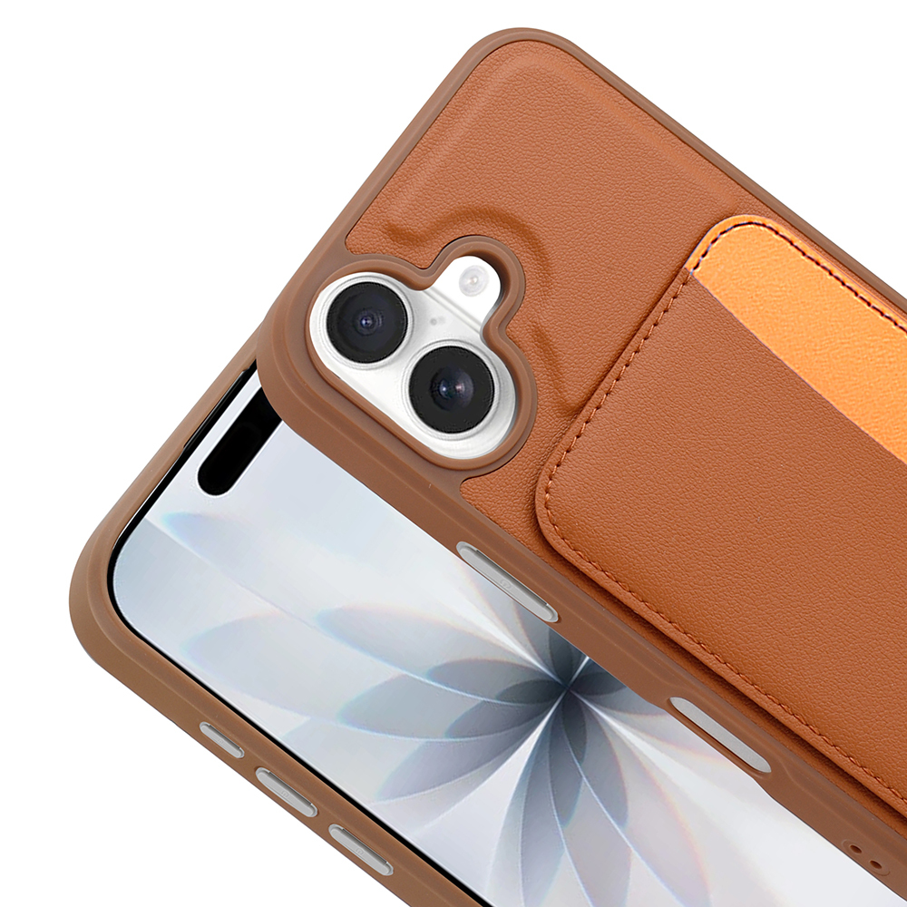 İki kamera lensli ve kart yuvalı kahverengi telefon kılıfı.