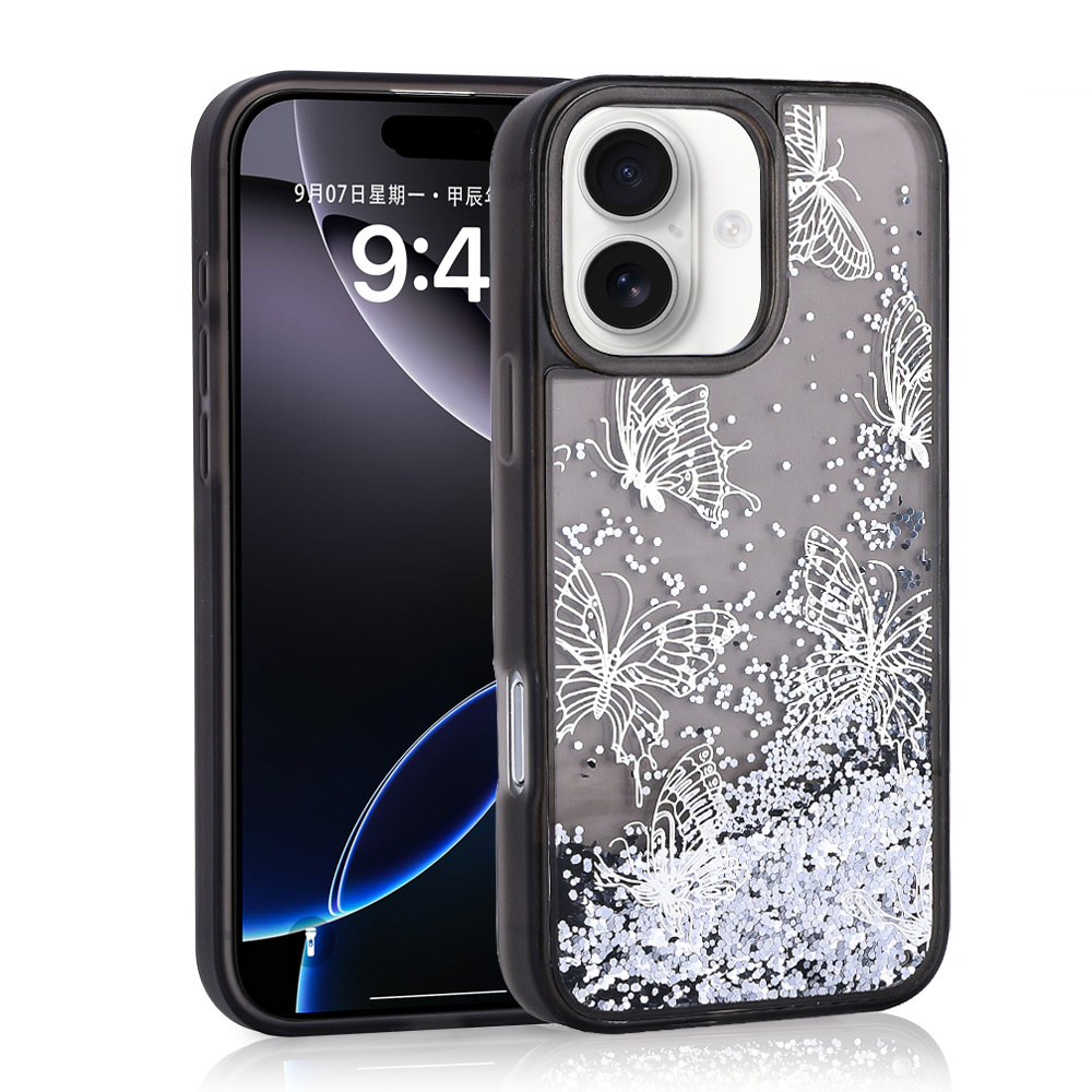 Simli parçacıklı, kelebek desenli siyah telefon kılıfı.