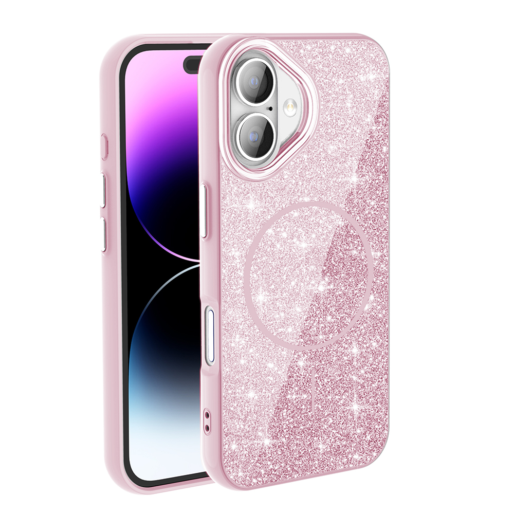 iPhone için kamera modülü ve halkalı pembe simli telefon kılıfı.