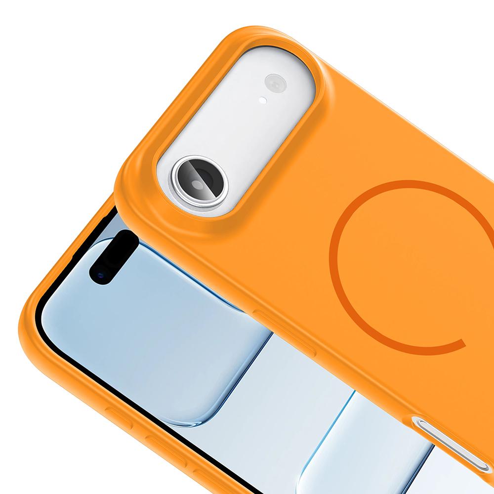 Dairesel desenli ve kamera oyuklu turuncu telefon kılıfı.