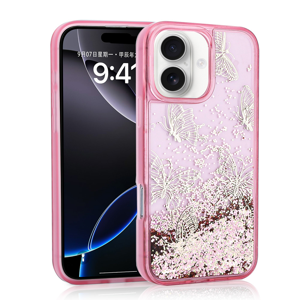 Şeffaf kelebek simli kılıflı pembe bir iPhone.
