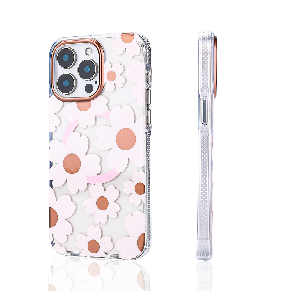 Kamera üzerinde beyaz ve pembe çiçekler, rose gold vurgular bulunan şeffaf telefon kılıfı.