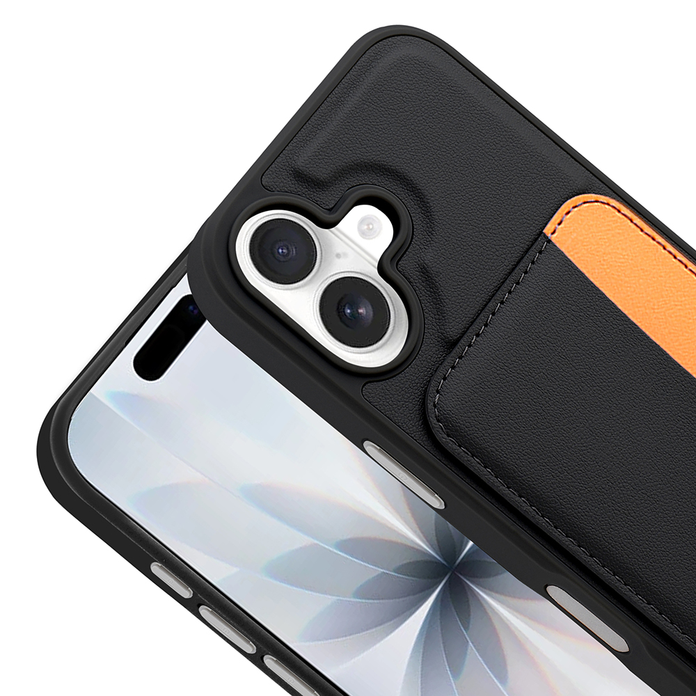 Turuncu kart yuvalı ve kamera kesimli siyah telefon kılıfı.