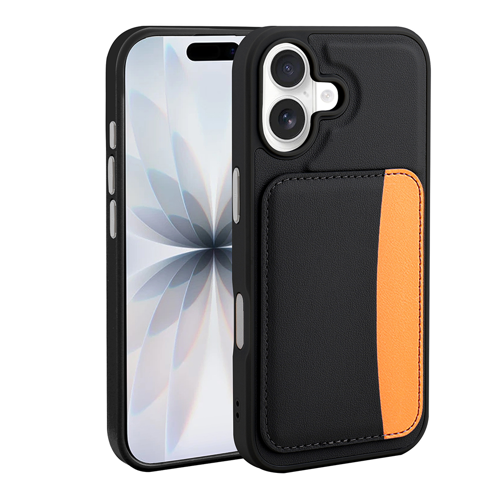 Turuncu vurgulu ve kart tutuculu siyah bir iPhone kılıfı beyaz arka planda gösteriliyor.