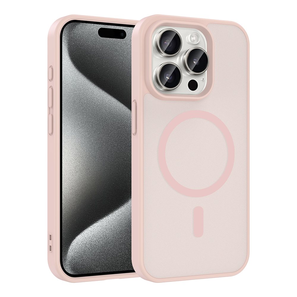 Kamera lenslerini ve şarj halkasını gösteren pembe bir iPhone kılıfı.
