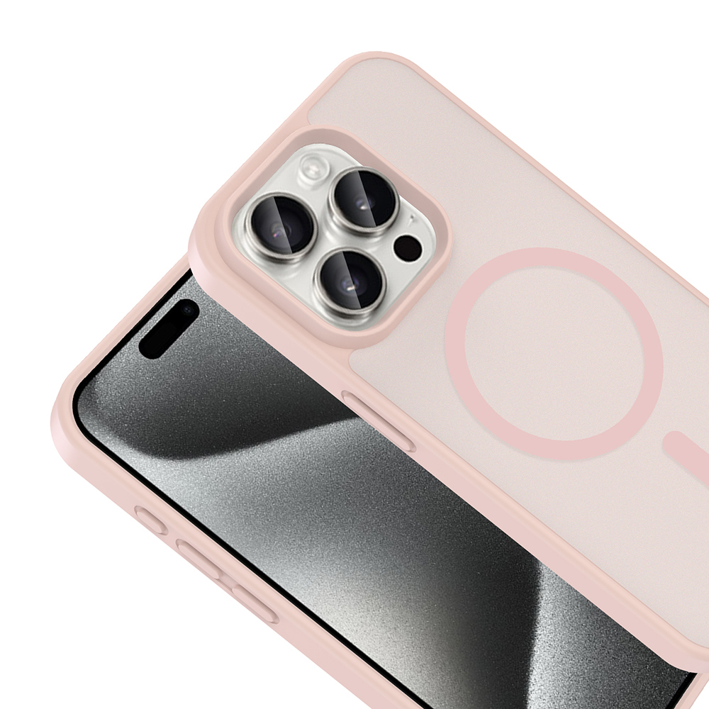 Üç kamera lensli ve dairesel tasarımlı pembe telefon kılıfı.