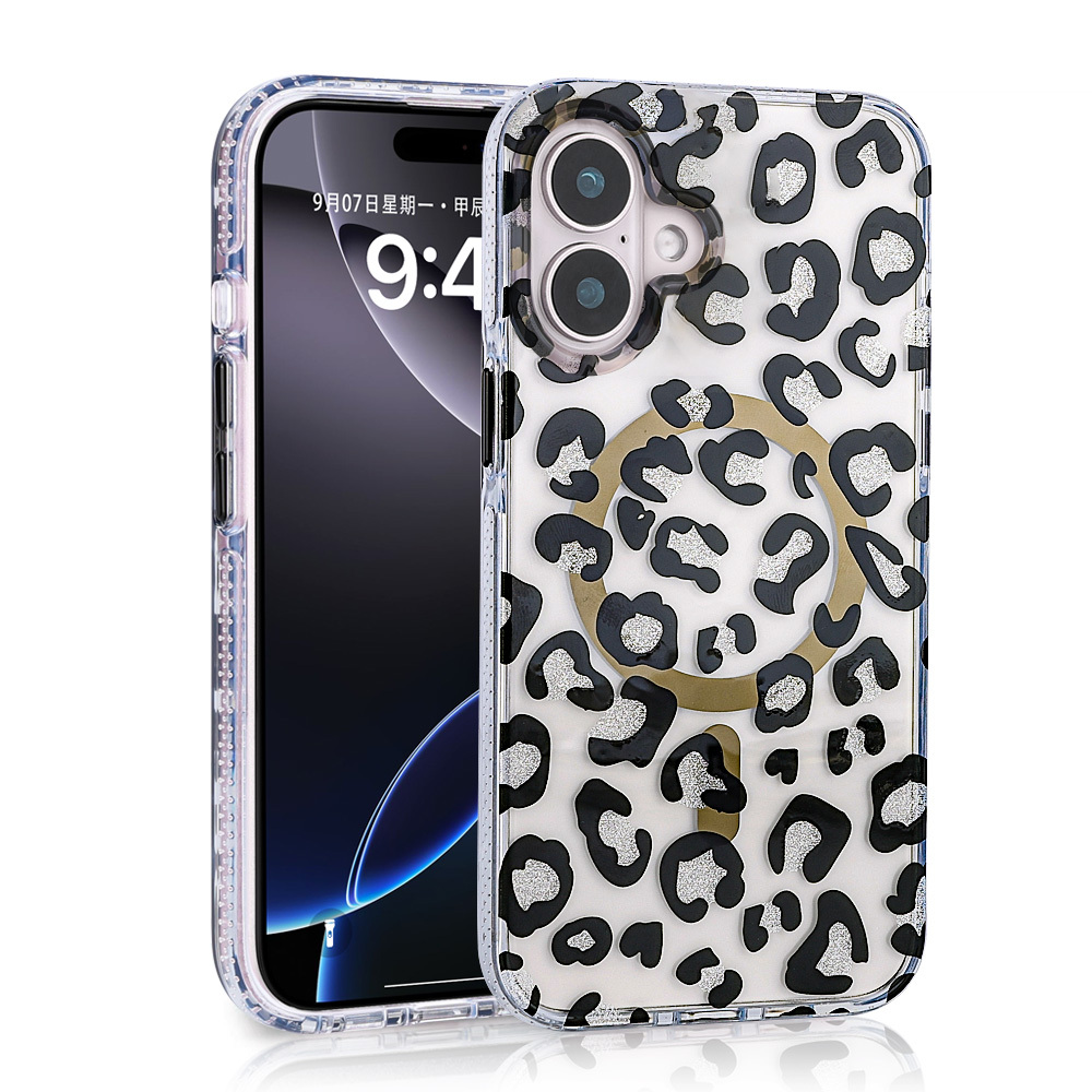 Simli leopar deseni olan şeffaf iPhone kılıfı.