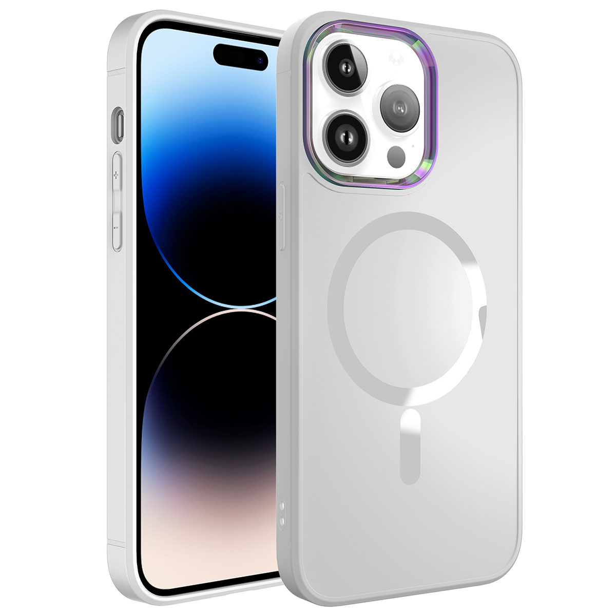 Arkada manyetik daire gösteren şeffaf kılıflı beyaz iPhone.