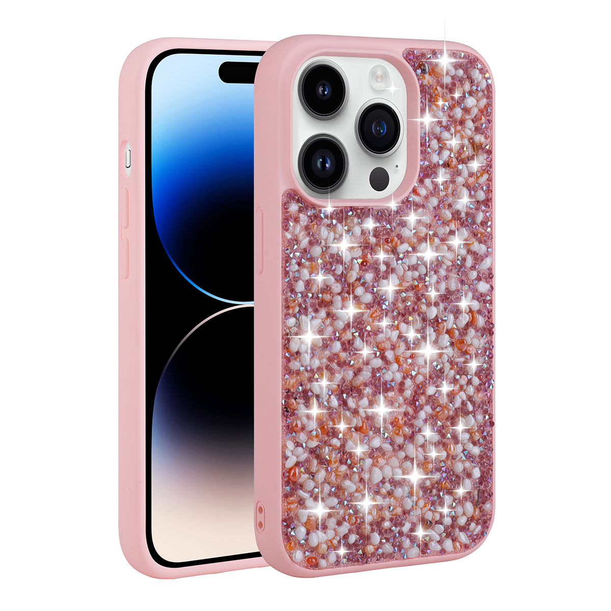 Parlak taşlı pembe telefon kılıfı ve telefon kamerası.
