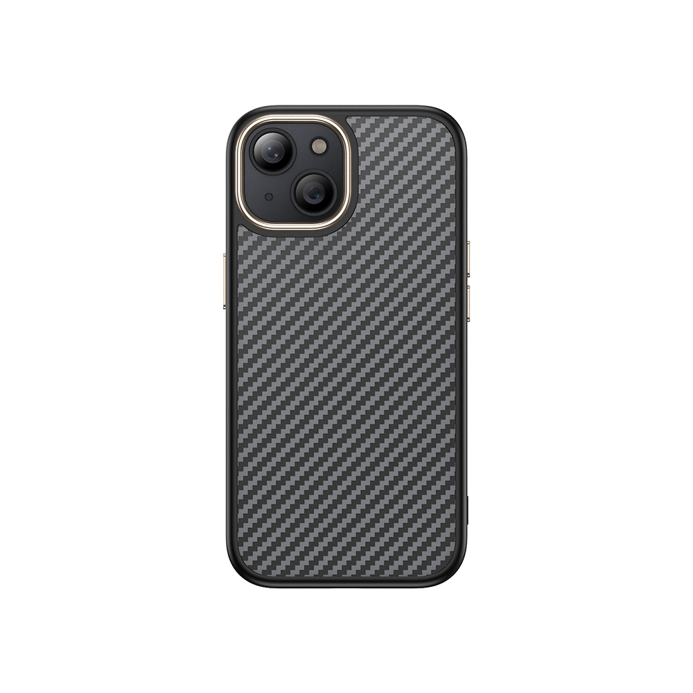 Karbon fiber desenli, iki kameralı siyah telefon kılıfı.