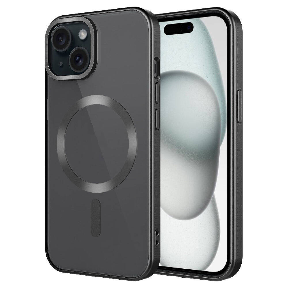 Kamera çıkıntısı ve arkada manyetik halkası olan koyu gri telefon.