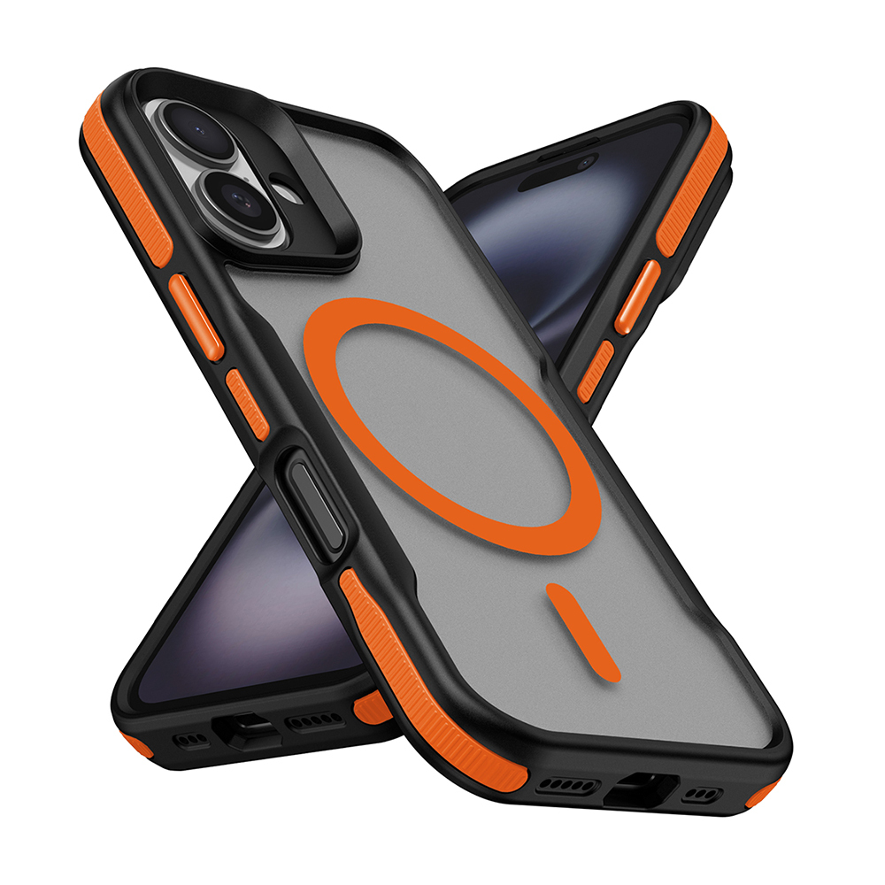 Arkası şeffaf, manyetik halka gösteren siyah ve turuncu telefon kılıfı.
