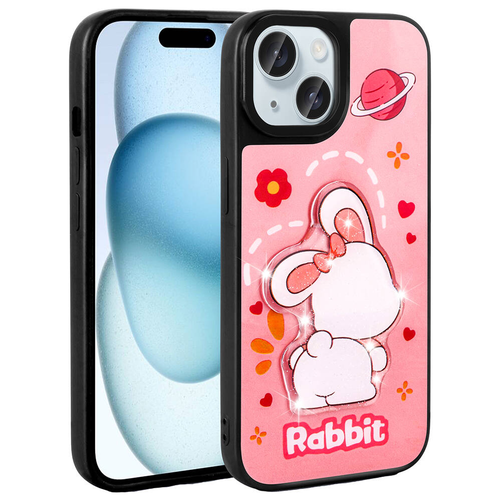 Parıltılı tavşan, çiçekler ve gezegen tasarımlı pembe telefon kılıfı.