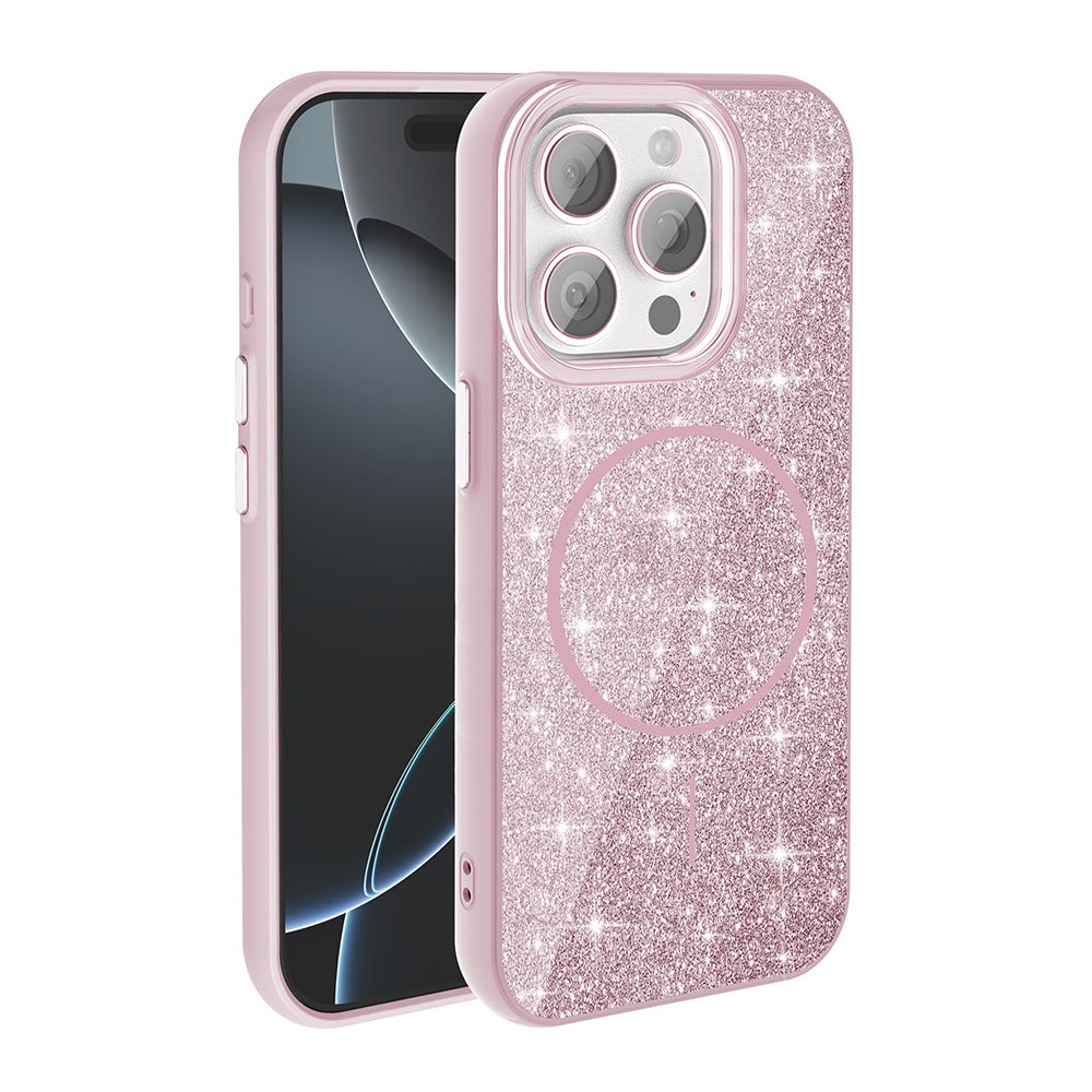 Telefon üzerinde kamera kesimli ve manyetik halkalı pembe simli kılıf.